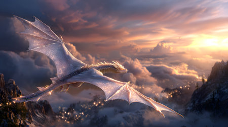 Fantasy dragon mystical glowing detailed with glowing scales flying above a mountain. Perfect for games, book covers, Nand digital art collections.の写真素材