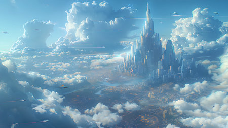 3D illustration of a futuristic city with skyscrapers in the cloudsの写真素材