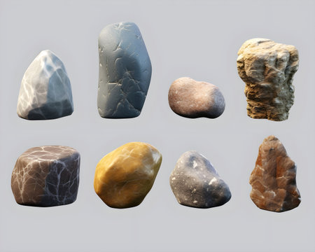 stone rock object isolated background nature texture shape rough design. stone set boulder gray natural white mineral hard textured granite material. rock 3d concept pebble closeup geology big grey.の写真素材