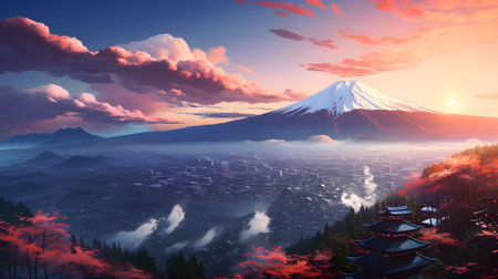 Aerial view of Mount Fuji with snow-covered peak and surrounding clouds. Ideal for concepts like nature, travel, landscape, and iconic destinations.の写真素材