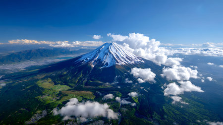 Aerial view of Mount Fuji with snow-covered peak and surrounding clouds. Ideal for concepts like nature, travel, landscape, and iconic destinations.の写真素材