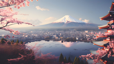 Aerial view of Mount Fuji with snow-covered peak and surrounding clouds. Ideal for concepts like nature, travel, landscape, and iconic destinations.の写真素材