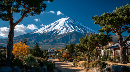 Aerial view of Mount Fuji with snow-covered peak and surrounding clouds. Ideal for concepts like nature, travel, landscape, and iconic destinations.の写真素材