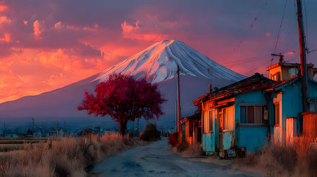 Aerial view of Mount Fuji with snow-covered peak and surrounding clouds. Ideal for concepts like nature, travel, landscape, and iconic destinations.の写真素材