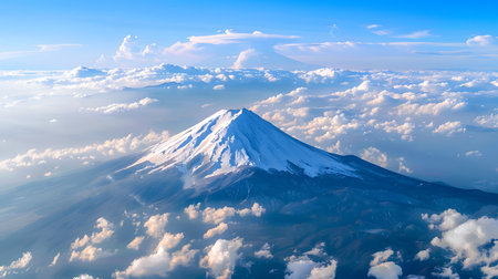 Aerial view of Mount Fuji with snow-covered peak and surrounding clouds. Ideal for concepts like nature, travel, landscape, and iconic destinations.の写真素材