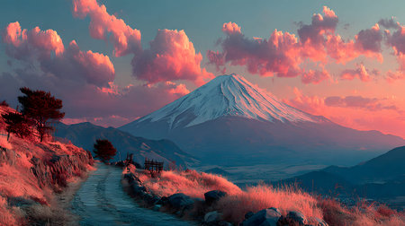 Aerial view of Mount Fuji with snow-covered peak and surrounding clouds. Ideal for concepts like nature, travel, landscape, and iconic destinations.の写真素材
