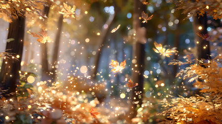 peaceful autumn forest scene with falling leaves and soft warm light. Perfect for seasonal designs, blogs, websites, and cozy atmosphere visuals.の写真素材