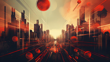 vibrant digital collage combining vintage photography and futuristic cityscape with abstract shapes. Perfect for modern art, album covers, and advertising.の写真素材