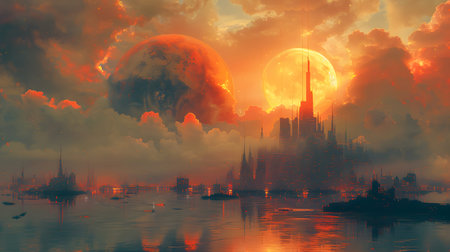 vibrant digital collage combining vintage photography and futuristic cityscape with abstract shapes. Perfect for modern art, album covers, and advertising.の写真素材