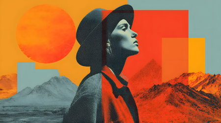 vibrant digital collage combining vintage photography and futuristic cityscape with abstract shapes. Perfect for modern art, album covers, and advertising.の写真素材