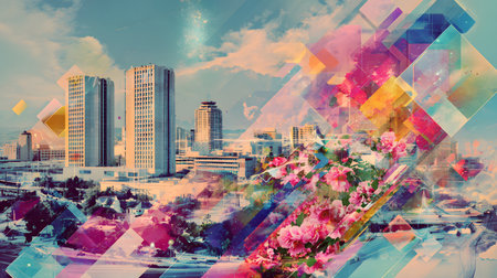 vibrant digital collage combining vintage photography and futuristic cityscape with abstract shapes. Perfect for modern art, album covers, and advertising.の写真素材