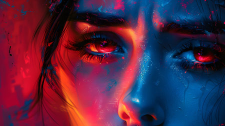 portrait of a woman showing tears with an abstract colorful background. Perfect for expressive art, psychology content, and book covers.の写真素材
