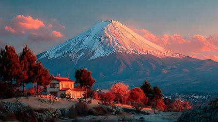 Aerial view of Mount Fuji with snow-covered peak and surrounding clouds. Ideal for concepts like nature, travel, landscape, and iconic destinations.の写真素材