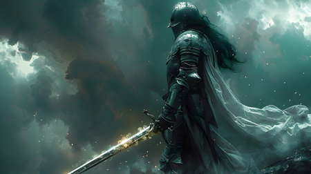 fantasy warrior character with shining armor and glowing sword. Perfect for games, novels, NFTs, and...