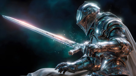 fantasy warrior character with shining armor and glowing sword. Perfect for games, novels, NFTs, and...