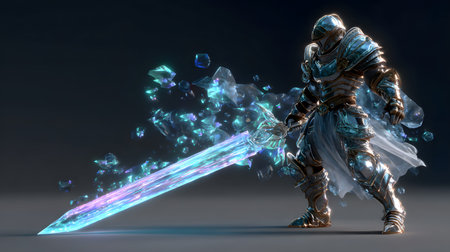 fantasy warrior character with shining armor and glowing sword. Perfect for games, novels, NFTs, and creative digital art.の写真素材