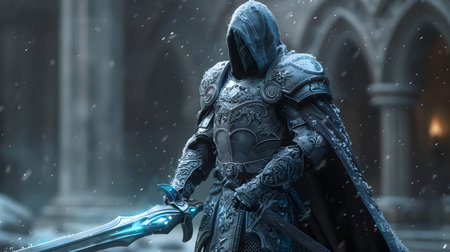fantasy warrior character with shining armor and glowing sword. Perfect for games, novels, NFTs, and creative digital art.の写真素材