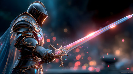 fantasy warrior character with shining armor and glowing sword. Perfect for games, novels, NFTs, and creative digital art.の写真素材