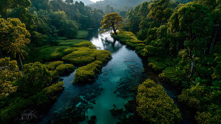 aerial view of mangrove forest and river at sunset. background nature green sky beautiful landscape...