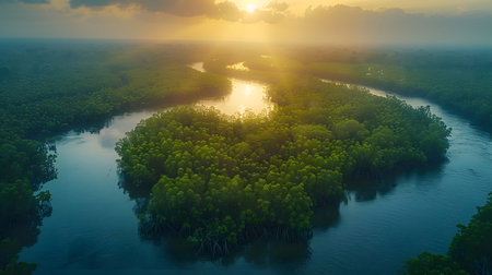 aerial view of mangrove forest and river at sunset. background nature green sky beautiful landscape...