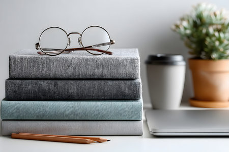 clean flat lay of a workspace with a notebook, pen, coffee cup, and glasses. Perfect for blogs,...