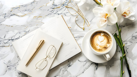 clean flat lay of a workspace with a notebook, pen, coffee cup, and glasses. Perfect for blogs,...