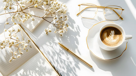 clean flat lay of a workspace with a notebook, pen, coffee cup, and glasses. Perfect for blogs, social media, and advertising visuals.の写真素材