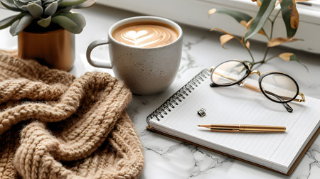 clean flat lay of a workspace with a notebook, pen, coffee cup, and glasses. Perfect for blogs, social media, and advertising visuals.の写真素材