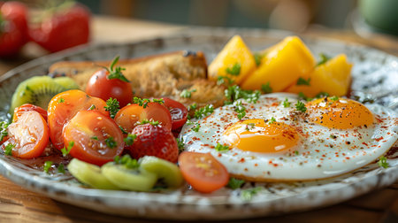 close-up photo of a colorful breakfast plate with fresh fruits, eggs, and toast under natural light. Perfect for menus, blogs, and food ads.の写真素材