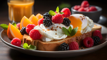 close-up photo of a colorful breakfast plate with fresh fruits, eggs, and toast under natural light. Perfect for menus, blogs, and food ads.の写真素材