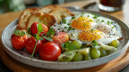 close-up photo of a colorful breakfast plate with fresh fruits, eggs, and toast under natural light. Perfect for menus, blogs, and food ads.の写真素材
