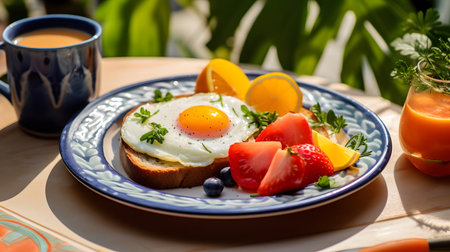 close-up photo of a colorful breakfast plate with fresh fruits, eggs, and toast under natural light. Perfect for menus, blogs, and food ads.の写真素材