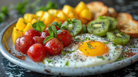 close-up photo of a colorful breakfast plate with fresh fruits, eggs, and toast under natural light. Perfect for menus, blogs, and food ads.の写真素材