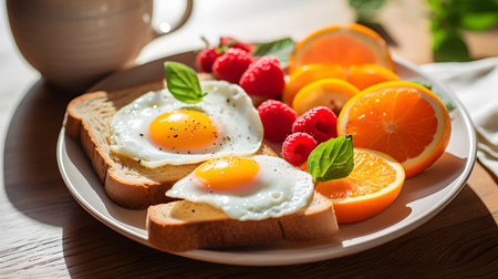 close-up photo of a colorful breakfast plate with fresh fruits, eggs, and toast under natural light. Perfect for menus, blogs, and food ads.の写真素材