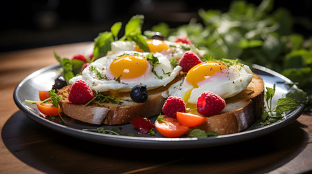 close-up photo of a colorful breakfast plate with fresh fruits, eggs, and toast under natural light. Perfect for menus, blogs, and food ads.の写真素材