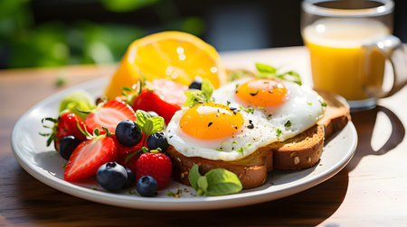 close-up photo of a colorful breakfast plate with fresh fruits, eggs, and toast under natural light. Perfect for menus, blogs, and food ads.の写真素材