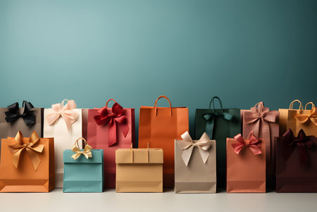Colorful shopping items arranged with empty space for promotional text, ideal for marketing banners, sales ads, or social media.の写真素材