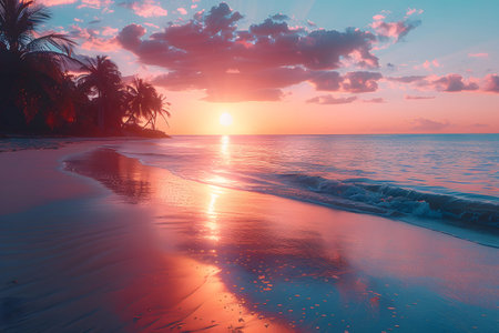 Tropical beach during sunset with blank sky area for overlay text or quote, perfect for travel ads,...