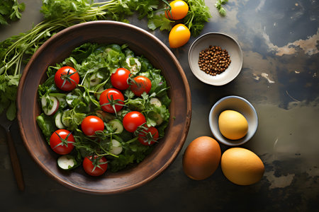 Healthy meal flat lay with blank space for menu or text, ideal for restaurants, cafes, or health food promotions.の写真素材