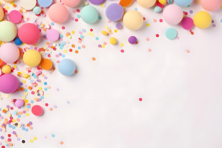 Fun and festive party scene with confetti and props, featuring blank space for celebration message or invitation text.の写真素材