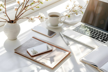 Flat lay of study and education tools with space for title text, perfect for online course...