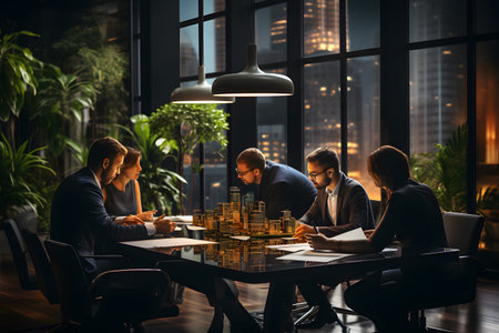 Modern corporate meeting scene with copy space for business content, ideal for marketing, presentation, or company website use.の写真素材