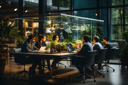 Modern corporate meeting scene with copy space for business content, ideal for marketing, presentation, or company website use.の写真素材