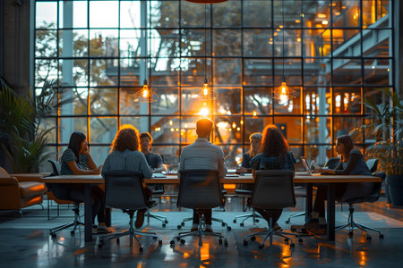 Modern corporate meeting scene with copy space for business content, ideal for marketing, presentation, or company website use.の写真素材