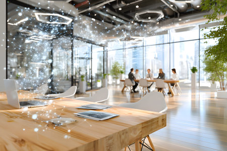 Modern corporate meeting scene with copy space for business content, ideal for marketing,...