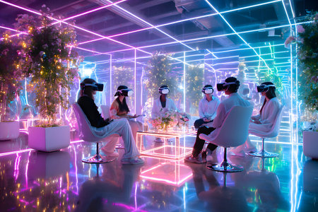 Diverse group wearing VR headsets engaged in virtual collaboration in a neon-lit environment. Great for metaverse, tech, and remote work themes.の写真素材