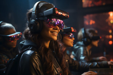 Diverse group wearing VR headsets engaged in virtual collaboration in a neon-lit environment. Great...