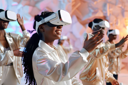 Diverse group wearing VR headsets engaged in virtual collaboration in a neon-lit environment. Great...