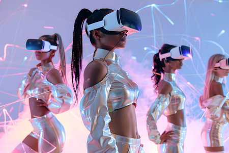 Diverse group wearing VR headsets engaged in virtual collaboration in a neon-lit environment. Great...