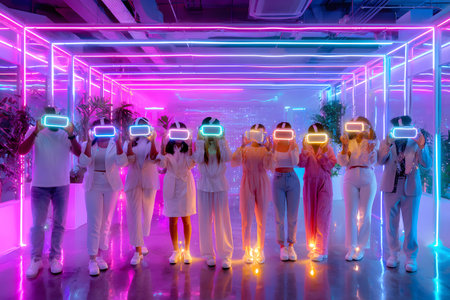 Diverse group wearing VR headsets engaged in virtual collaboration in a neon-lit environment. Great for metaverse, tech, and remote work themes.の写真素材